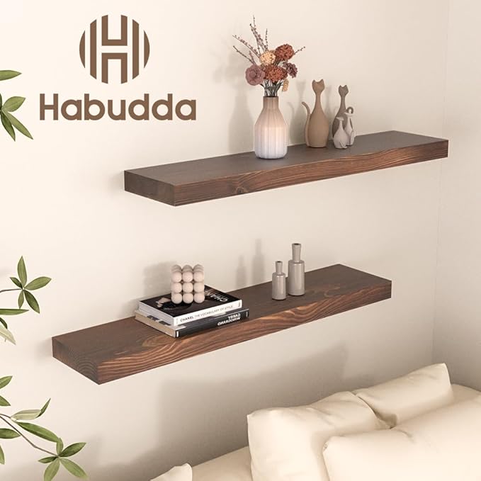 Habudda Floating Shelves Set of 2, Natural Pine Wood Shelf for Bathroom Bedroom Kitchen, 30 inch Long, Rustic Decor, Walnut-Ruum Studio Home