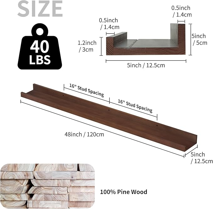SAUMONIERES Picture Ledge Shelf Floating Book Shelves Set of 2 Wall Mounted Solid Wood for Bedroom Bathroom Living Room Kitchen, 48 Inch Walnut-Ruum Studio Home