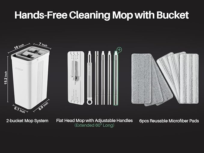 JOYMOOP Mop and Bucket Set with Wringer, Flat Mops for Floor Cleaning, Wall Mop Cleaner with Long Handle, Hardwood Floor Mop with 6 Microfiber Pads-Ruum Studio Home