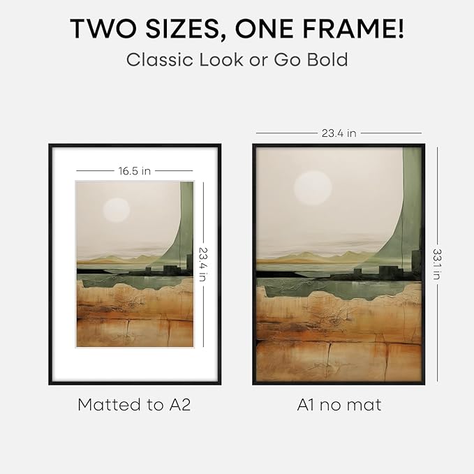 Homeforia Black Wood A1 Frame, High End Oak 23.4 x 33.1 Black Wooden Poster Frames Matted to 16.5 by 23.4 inches Photo, A1 Size Large Wood Picture Frame with Mat A2, Tempered Glass, Wall Kit, Set of 1-Ruum Studio Home