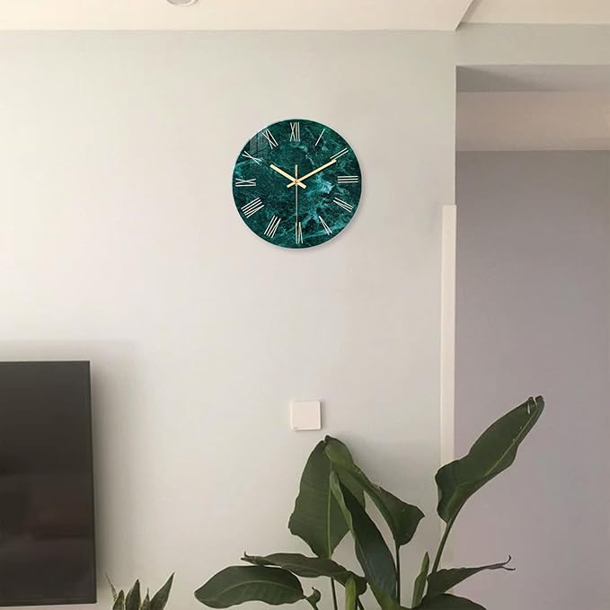 Teal Wall Clock Battery Operated 14 Inch Modern Abstract Clocks for Living Room Decor Marble Pattern Glass Analog Wall Clock Silent-Ruum Studio Home
