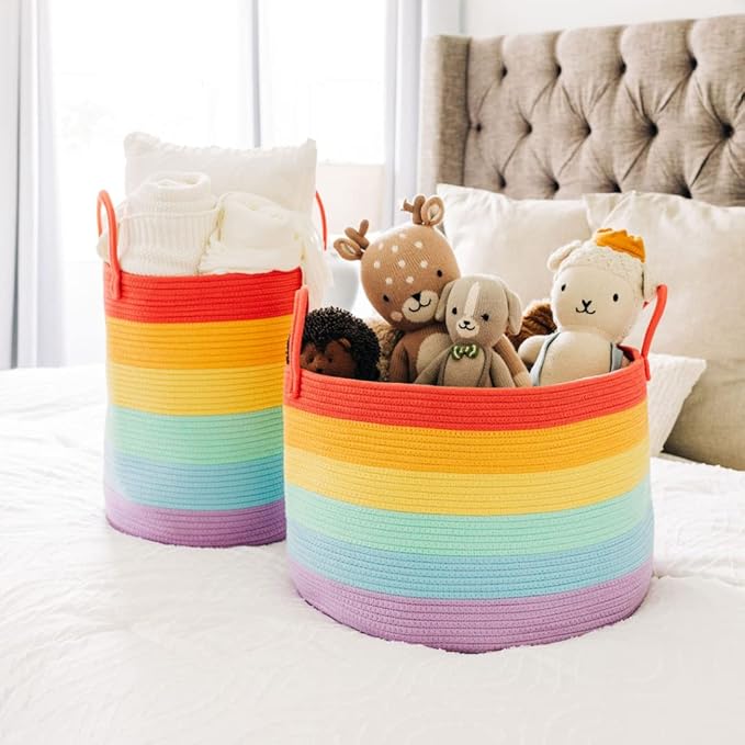OrganiHaus Tall Rainbow Rope Blanket Basket for Living Room Decor, Cute Woven Baby Laundry Basket, Baby Nursery Hampers for Toys, Kids Laundry Hamper for Dirty Clothes, Decor for Kids Classroom-Ruum Studio Home
