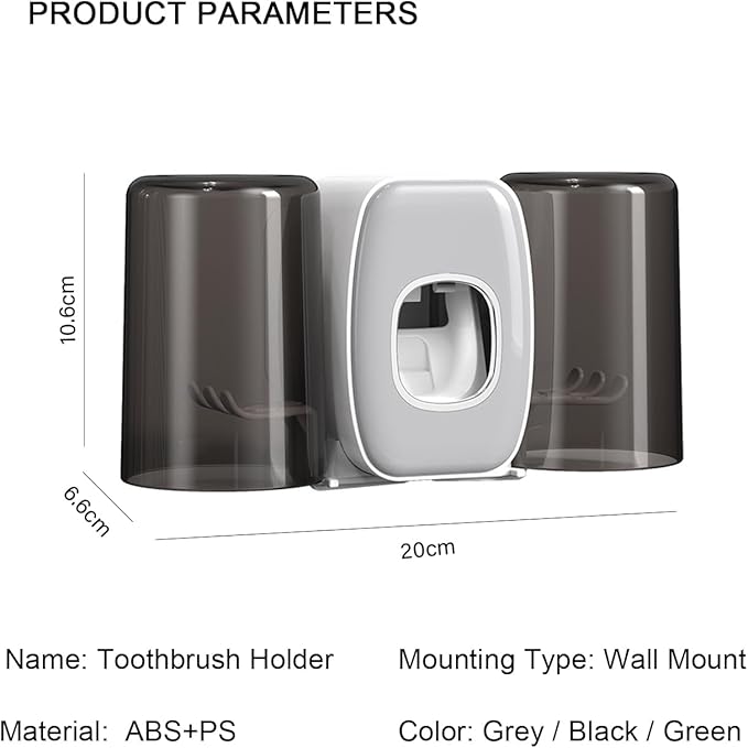 Toothbrush Holders Wall Mounted,Toothpaste Dispenser for Kids Hanging Adhesive Automatic Toothbrush Holders Bathroom Decor with Toothpaste Dispenser 2 Cups - Grey-Ruum Studio Home