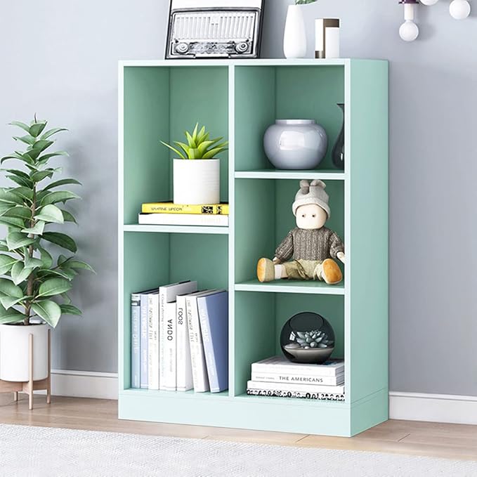 IOTXY Open Shelf Low Bookcase - Wooden 3-Tier Floor Standing Display Cabinet Organizer with Base, 5 Cubes Short Horizontal Bookshelf in Tiffany-Green-Ruum Studio Home