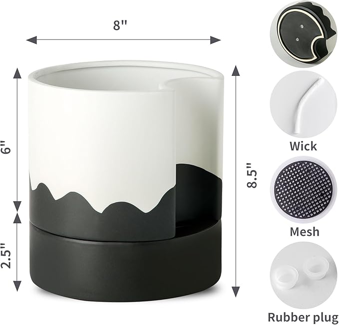Nihow Self Watering Plant Pot: 8 Inch Ceramic Planter with Drainage Hole & Water Storage Plus for Indoor & Outdoor Plants - Cylinder Round Flower Pot for Succulent/Herbs/Violets - White & Wave Black-Ruum Studio Home
