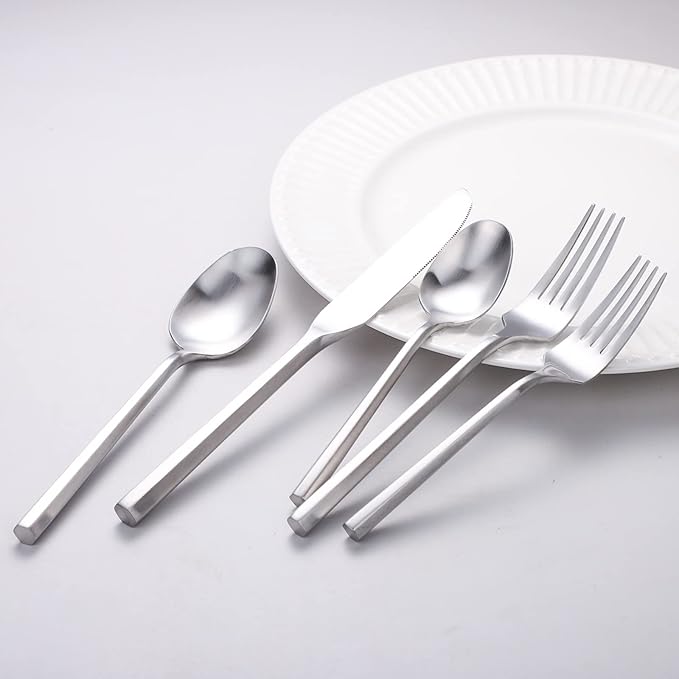 Matte Silverware Set Silver Flatware Set with Hexagon Handle 20 Pieces 18/0 Stainless Steel Cutlery Set Wedding Housewarming Gift Service for 4 (Matt silver)-Ruum Studio Home