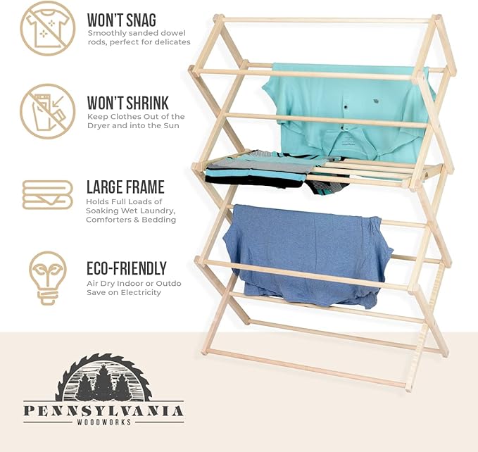 Pennsylvania Woodworks Clothes Drying Rack: Solid Maple Hard Wood Laundry Rack for Sweaters, Blouses, Lingerie & More, Durable Folding Drying Rack, Made in USA, No Assembly Needed, Large-Ruum Studio Home