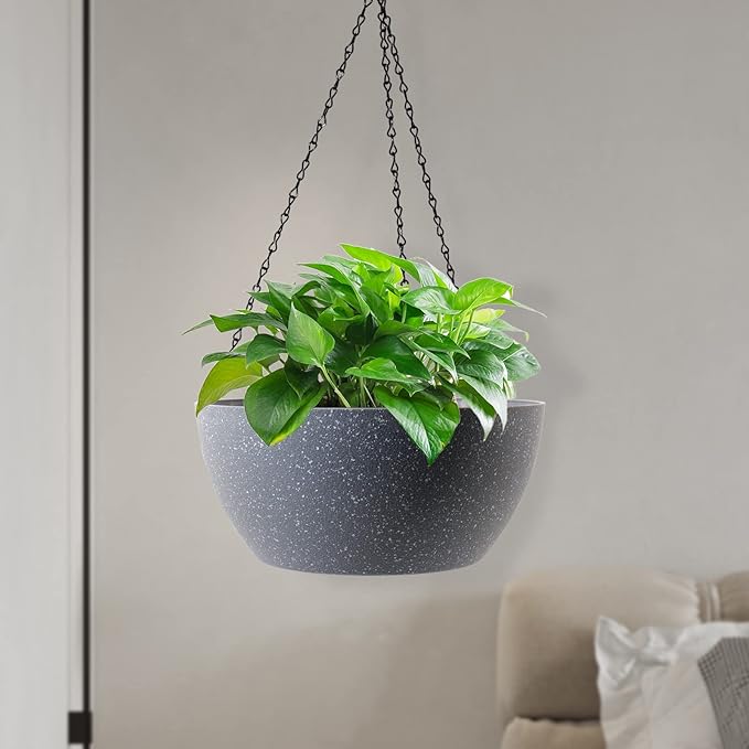 10 inch Hanging Planters for Outdoor Indoor Plants with Drainage Holes and Chain, 2 Pack Round Hanging Flower Plant Pots for Garden Home Porch Decor, Speckled Grey-Ruum Studio Home