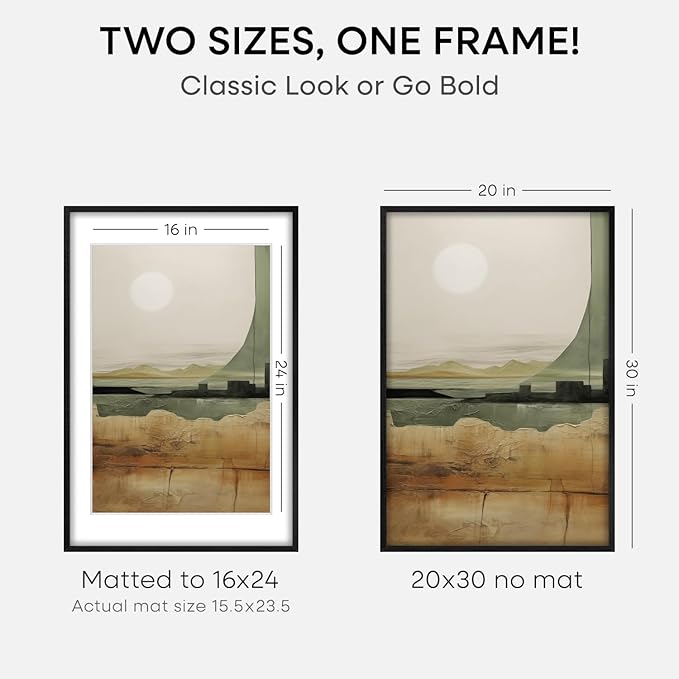 Homeforia 20x30 Black Wood Frame, High End Oak 20x30 Wooden Picture Frames with Mat 16x24 Photo, 20 x 30 Poster Frame Matted to 16 by 24 Print, 30x20 Hanging Frames, Tempered Glass, Wall Kit, Set of 1-Ruum Studio Home