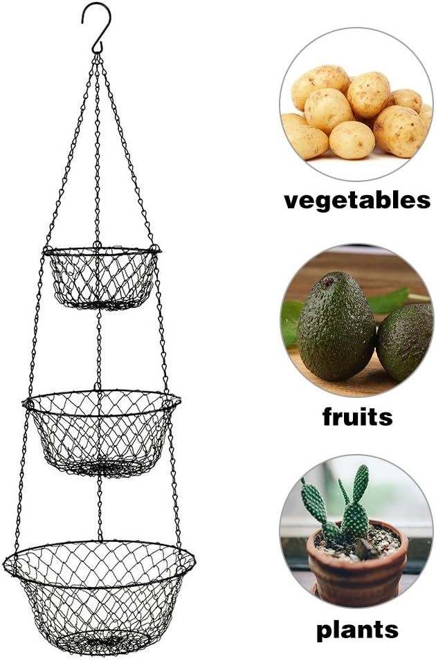 malmo 3-Tier Wire Fruit Hanging Basket, Vegetable Kitchen Storage Basket, Iron Wire Black (Basket2024)-Ruum Studio Home