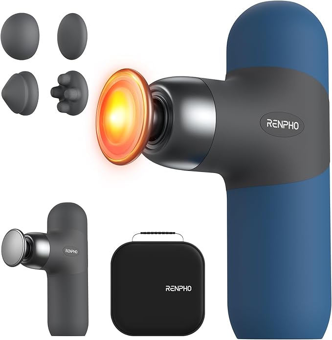 RENPHO Mini Thermal Massage Gun with Heat, Portable Deep Tissue Percussion Massager, Color Silicone Sleeves Travel Size with Carry Case, Aegean Blue-Ruum Studio Home