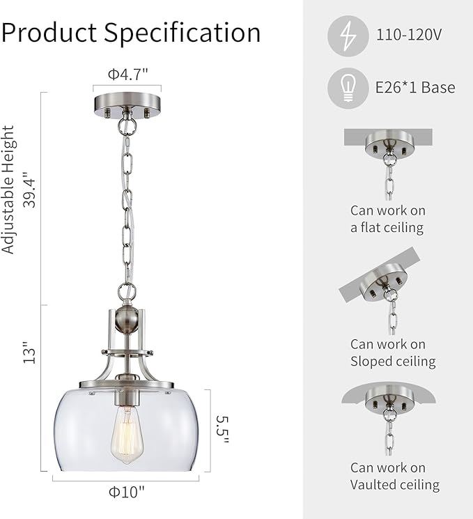 WUZUPS Chandelier Rustic Farmhouse Industrial Round Ceiling Pendant LED Light Fixture with Clear Glass Shades for Dining Room Kitchen Island Foyer Entryway, H 13" x W 10", E26 Base, Brushed Nickel-Ruum Studio Home