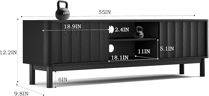 Black Mid Century Modern TV Stand, Wood Fluted Living Room TV Stands with Storage Sliding Doors, Desert-Inspired Design MCM Entertainment Center for 55 60 65 70 75 55+ 60+ 65+ 70+ Inch-Ruum Studio Home