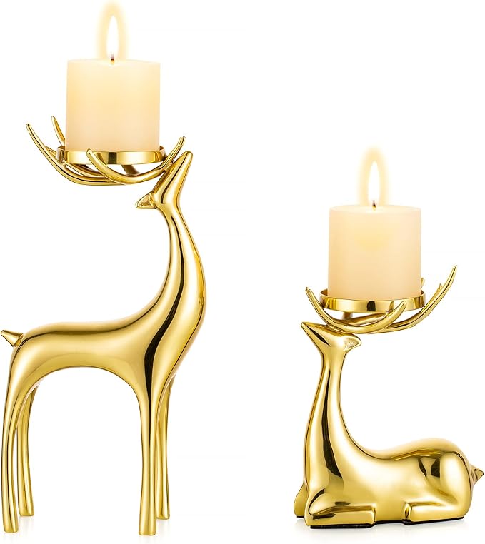 Sziqiqi Gold Reindeer Candle Holder for Pillar Candles Brass Reindeer Tealight Candle Holders Copper Deer Gift Christmas Decor for Table Centerpiece Living Room Mantle Decoration-Ruum Studio Home