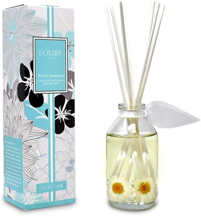 LOVSPA Reed Diffuser Set, White Gardenia Scented Oil Diffuser with Sticks, Home Fragrance Accessories for Bathroom Shelf Decor, Aroma Diffusers for Home or Office Desk, USA Made-Ruum Studio Home