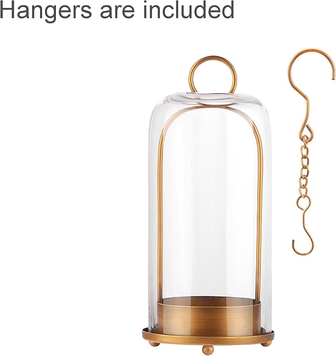 12" High Versatile Modern Metal Hurricane Lantern with Handmade Sturdy Glass Dome for 3" Pillar Candle & Plants (Brass, 5"x12")-Ruum Studio Home