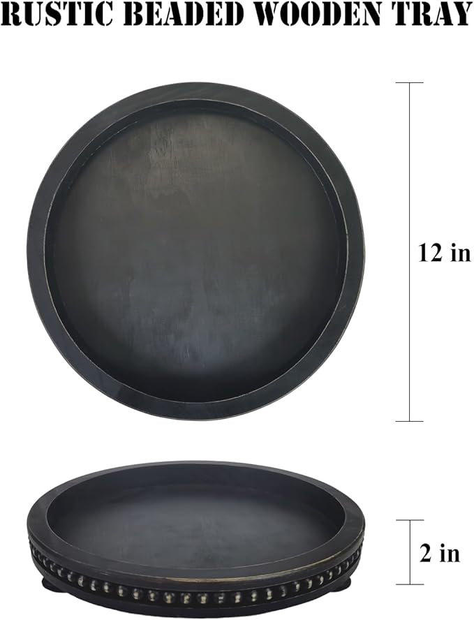 12 Inches Rustic Wooden Decorative Tray, Small Round Beaded Wood Tray for Kitchen Dinning Table Centerpiece Decor Entryway Living Room Home Decor, Black-Ruum Studio Home