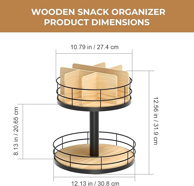 Snack Organizer - Versatile Snack Storage 2 Tier Lazy Susan with Convenient Grab-and-Go Design, Wood and Metal Snack Holder for Home, Office, Breakroom, 12.13" L x 12.13" W x 12.56" H-Ruum Studio Home