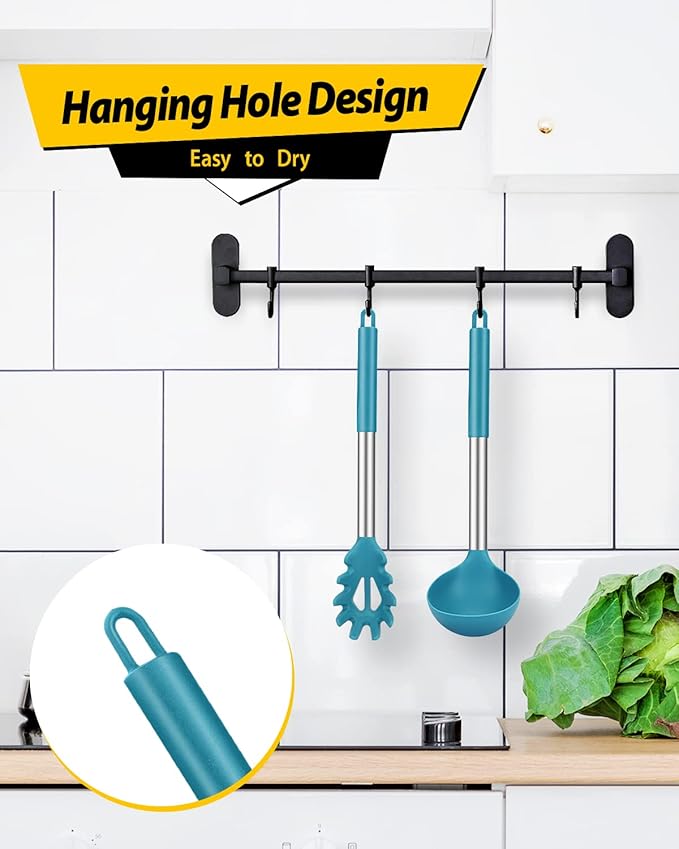 Silicone Pasta Fork and Ladle Spoon Set, Large Non Stick Kitchen Utensils for Cooking,Stirring,Serving Spaghetti, Soup, Sauce (BLUE)-Ruum Studio Home