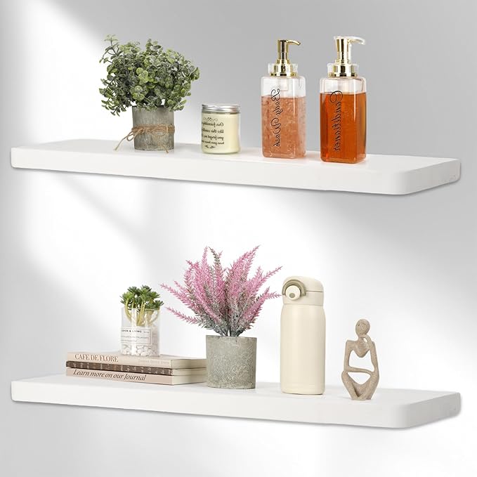 Solid Wood Floating Shelves Set of 2 - Natural, Warp & Crack Resistant 17.72 Inch Wall Shelf with Invisible Brackets Thicker, More Durable for Bathroom, Bedroom, Kitchen, Living Room (White, 17.72)-Ruum Studio Home