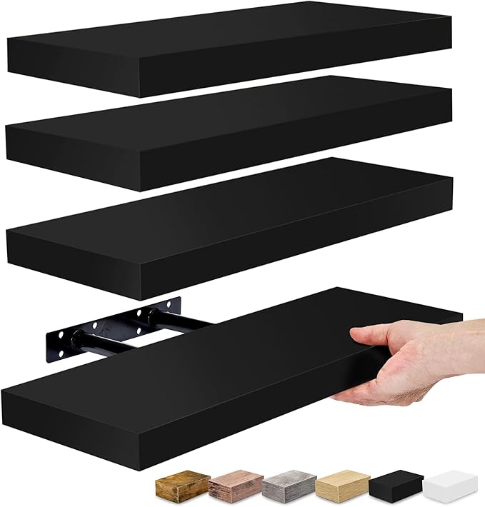Sorbus Floating Shelves for Wall, Bathroom Shelves Wall Mounted for Kitchen, Bedroom, Living Room, Bathroom Storage, Over Toilet, Hanging Book Shelf for Wall Home Decor (Black, 4 Pack)-Ruum Studio Home