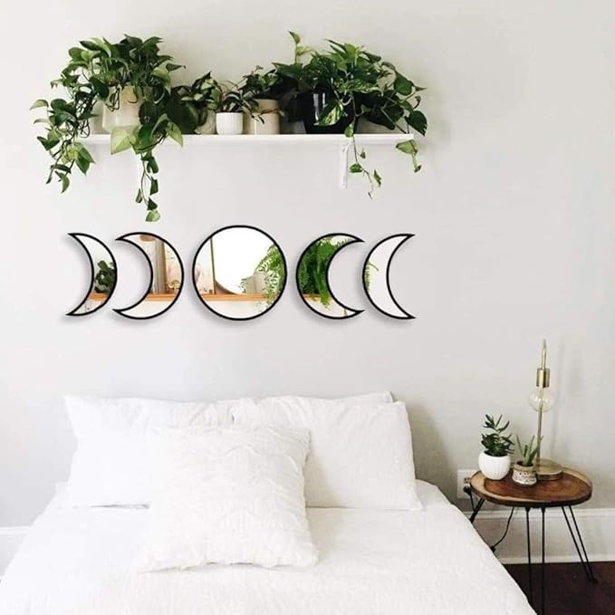 5 pcs Scandinavian Natural Decor Acrylic Moonphase Mirrors Interior Design Wooden Moon Phase Mirror Bohemian Wall Decoration for Home Living Room Bedroom Decor - No Need to Punch (Black)-Ruum Studio Home