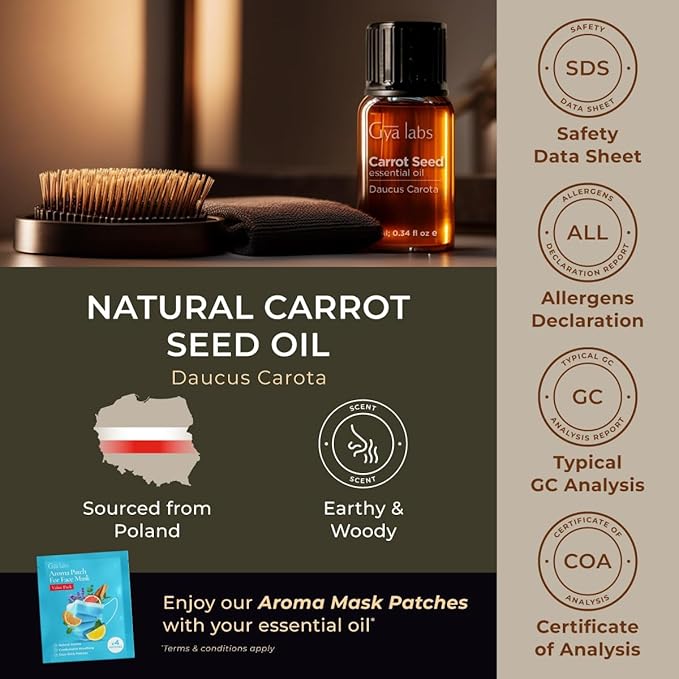Gya Labs Carrot Seed Essential Oil - 0.34 Fl Oz - 100% Pure Natural Carrot Oil for Skincare, Hair, Scalp & Aromatherapy, Massages ,DIY ＆Candle Making Scent-Ruum Studio Home