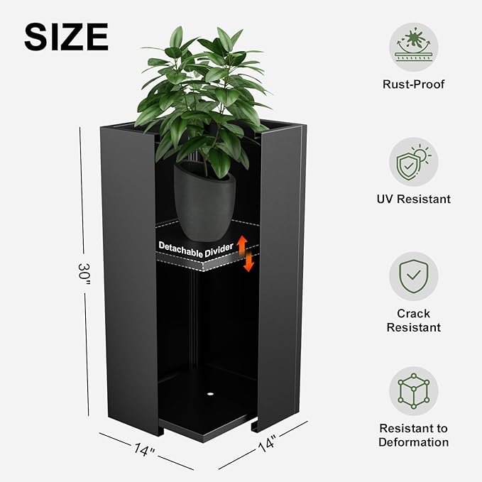 Metal Planter Box, Planter Boxes Outdoor Heavy Duty Metal Garden Planter Spliced Flower Pot with Partitions, All-Weather Use with Drainage Holes for Patio/Porch-30 x 14" x 14"-Ruum Studio Home