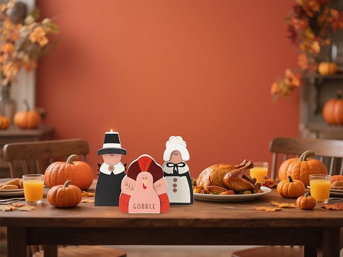 Amorita Fall Thanksgiving Decorations Wooden Turkey Pilgrim Couple Table Sign 3 Pcs Fall Thanksgiving Decor Standing Tabletop Sign Decor for Autumn Harvest - W-Ruum Studio Home