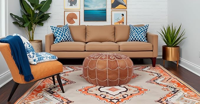 Stuffed Arch Design Moroccan Leather Pouf Ottoman, Handmade, Pre-Filled, 100% Genuine Leather, 14” Height x 22” Diameter – Boho Chic Footstool & Living Room Décor (Dark Tan)-Ruum Studio Home