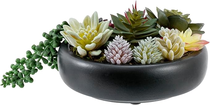 MyGift 8-Inch Artificial Succulent Plant Arrangement, Assorted Fake Plants in Modern Black Round Concrete Planter Bowl-Ruum Studio Home