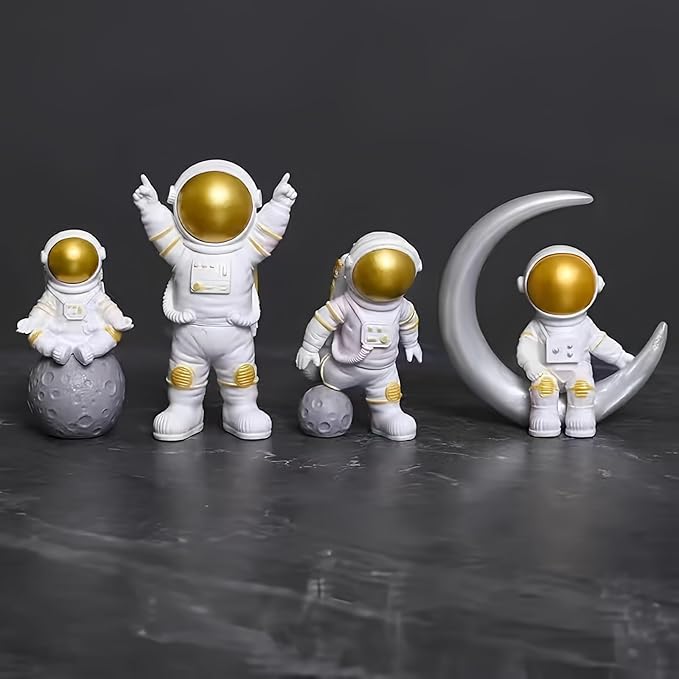 4 Pcs Gold White Astronaut Statues Set, Spaceman Sculpture Figurines Home Ornament Cake Toppers Gift-Ruum Studio Home