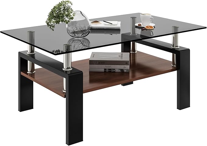 Glass Coffee Table Rectangle Living Room Center Table, with Gray Tempered Glass Tabletop and Brown MDF Layer,for Living Room and Office, Gray+Brown-Ruum Studio Home