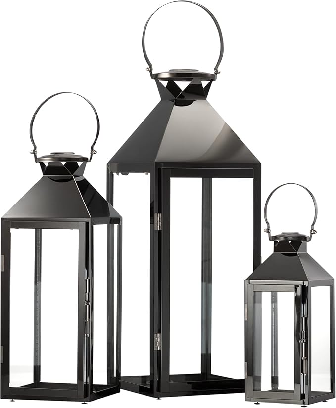 MATICO Stainless Decorative Pinnacle Candle Lantern Set of 3, Hanging Decor Hurricane Lantern Candle Holder for Festival Ceremony Home Decor, Both Indoor & Outdoor Use, Black-Ruum Studio Home
