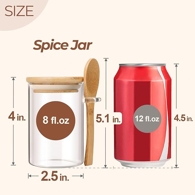 ComSaf Spice Jars with Spoon 8 oz 6Pack, Small Spice Containers Starter Set, Glass Seasoning Jars with Labels, Round Seasoning Containers for Salt, Pepper, Chili Powder, Sugar, Loose Tea Storage-Ruum Studio Home
