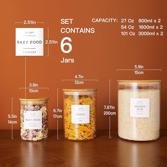 Set of 6 Glass Flour and Sugar jars with 132 Kitchen Pantry Labels - Thicken Large Glass Storage containers with Airtight Bamboo Lid - Glass Rice Canisters for Salt Coffee(100OZ/54OZ/27OZ)-Ruum Studio Home