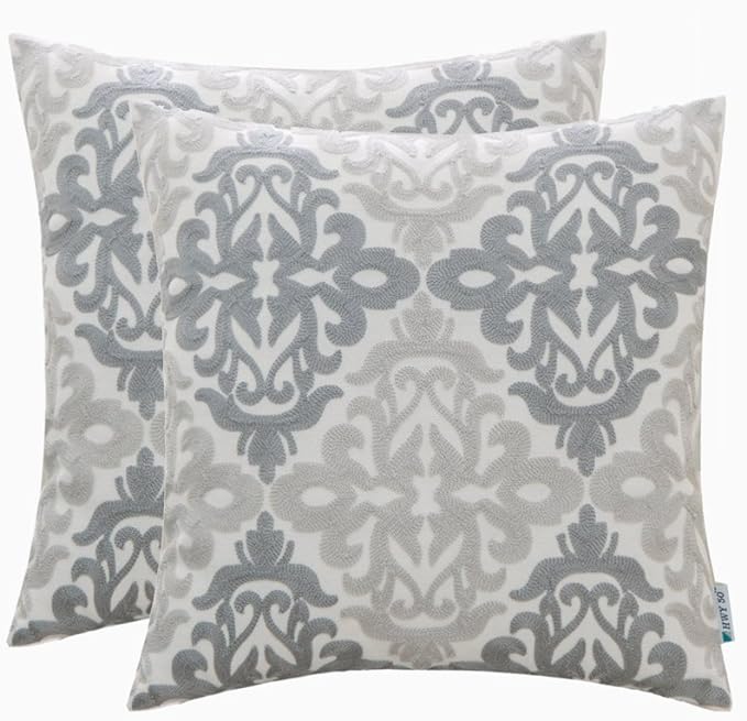 HWY 50 Gray Grey Decorative Throw Pillow Covers 18x18 Inch, Pack of 2 Embroidered Linen Farmhouse Cushion Cover Pillow Case for Sofa Couch Living Room Bed Bedroon, Accent Geometric-Ruum Studio Home