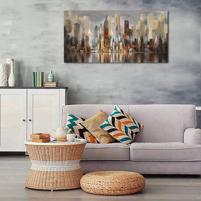 Framed Wall Art Large Cityscape New York Wall Decor Canvas Prints Abstract Brown City Theme Paintings Modern Canvas Wall Art for Living Room Bedroom Big Size 24x48 Framed-Ruum Studio Home