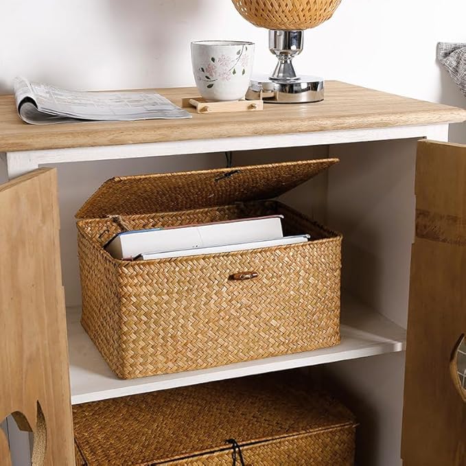 Wicker Basket with Lid, Seagrass Storage Basket, Woven Baskets for Storage, Decorative Storage Baskets for Shelf Organizing, Natural-Ruum Studio Home