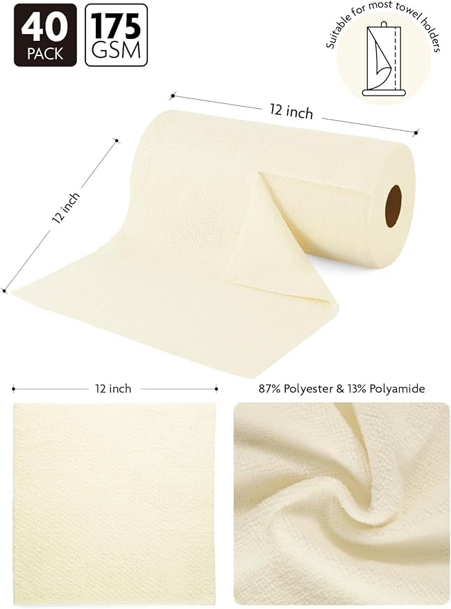 Fantasticlean Microfiber Cleaning Cloth Roll -40 Pack, Tear Away Microfiber Towels, 12" x 12", Reusable, Washable, Scratch Free, Ultra Absorbent Dish Rags for Car, Home, Garage or Shop (Beige)-Ruum Studio Home
