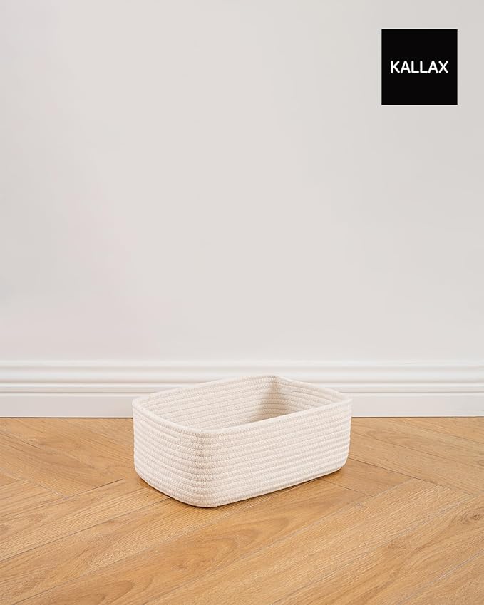 KALLAX Small Woven Basket, 12 x 8 x 4.5 Inches, Storage Basket for Organizing, Cute Small Rope Shelf Closet Cube Storage Bins Baskets for Shelves, Dog Toy Gift Baskets Empty, 3 Packs, Off White-Ruum Studio Home