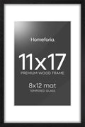 Homeforia 11x17 Picture Frame Black Wood, High End Oak 11x17 Poster Frames with Mat 8x12, 11 x 17 Wooden Frame Matted to 8 x 12 inch Photo, 17x11 Thin Hanging Frame, Tempered Glass, Wall Kit, Set of 1-Ruum Studio Home