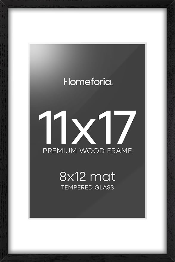Homeforia 11x17 Picture Frame Black Wood, High End Oak 11x17 Poster Frames with Mat 8x12, 11 x 17 Wooden Frame Matted to 8 x 12 inch Photo, 17x11 Thin Hanging Frame, Tempered Glass, Wall Kit, Set of 1-Ruum Studio Home