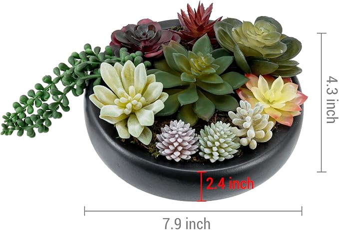 MyGift 8-Inch Artificial Succulent Plant Arrangement, Assorted Fake Plants in Modern Black Round Concrete Planter Bowl-Ruum Studio Home
