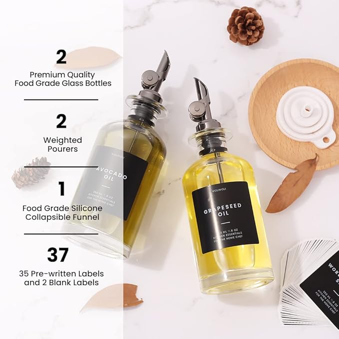 Molimoli Oil and Vinegar Dispenser with Metal Pour Spout, Weighted Pourer, Glass Bottle Dispenser for Kitchen, Olive Oil Cruet, Glass Olive Oil Bottle |350ml, Set of 2-Ruum Studio Home