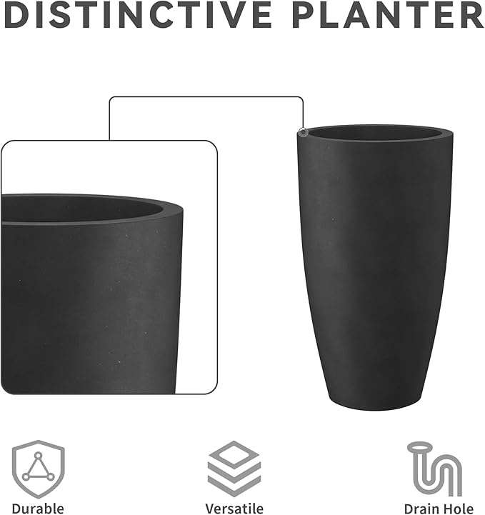 Kante 23.6" H Black Finish Concrete Tall Planters Large Outdoor Indoor Decorative Plant Pots with Drainage Hole and Rubber Plug, Modern Tapered Style for Home and Garden-Ruum Studio Home
