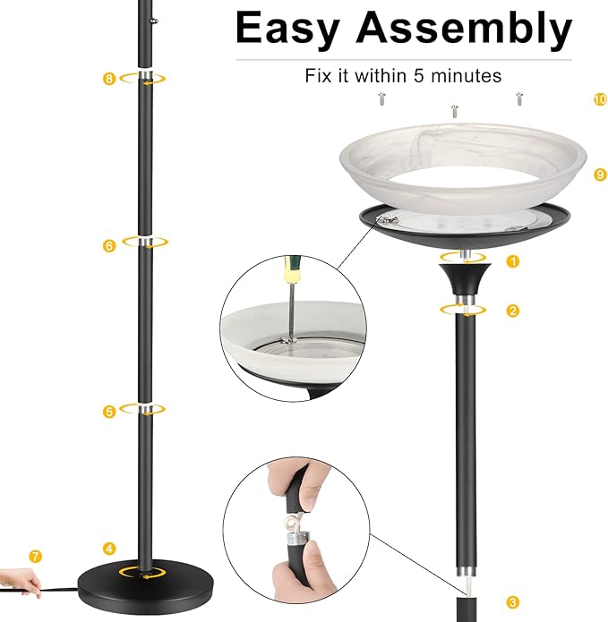 BoostArea Torchiere Floor Lamp, 30W Super Bright LED Standing Lamp, Stepless Dimmable Pole Lamp with 3000K Lighting, Rotary Switch, 70 Inch Tall Metal Modern Floor Lamps for Living Room/Bedroom Black-Ruum Studio Home