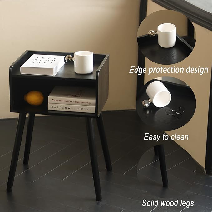MaxSmeo Nightstand, Mid Century Modern Side Table Bedroom with Storage, Small End Bedside Table with Solid Wood Legs for Living Room, Office Small Spaces (Black)-Ruum Studio Home