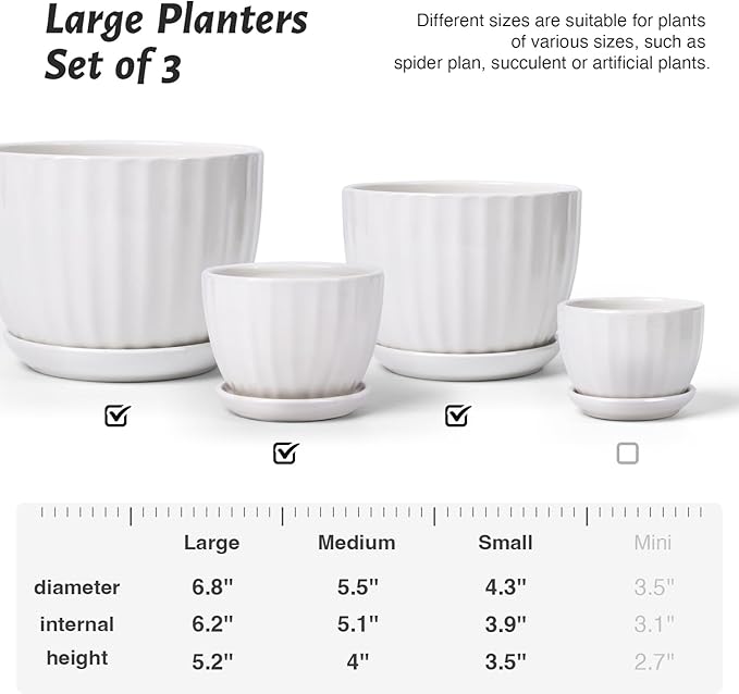 4/5/6 Inches Ceramic Plant Pots with Drainage Holes and Saucers, Round Flower Pots for Indoor Plant, Modern Flower Planters Set of 3 (White-Big Size)-Ruum Studio Home