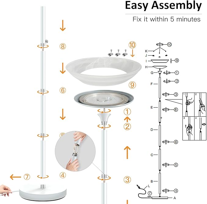 BoostArea Torchiere Floor Lamp, 24W Super Bright LED Standing Lamp, Stepless Dimmable Pole Lamp with 3000K Lighting, Glass Lampshade, 71Inch Tall Metal Modern Floor lamps for Living Room/Bedroom White-Ruum Studio Home